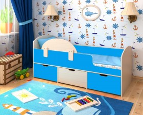 Кровать Малыш-мини с бортиком Дуб молочный/Голубой в Якутске - yakutsk.katalogmebeli.com | фото